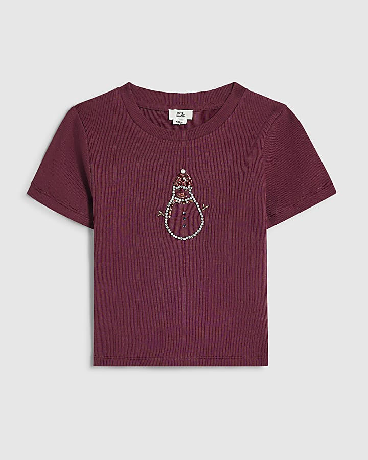 Girls Burgundy Snowman Diamante T-Shirt