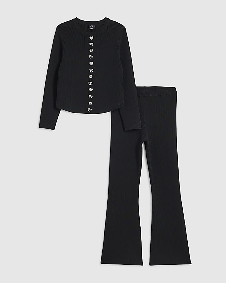 Girls Black Multi Button Top And Leggings Set