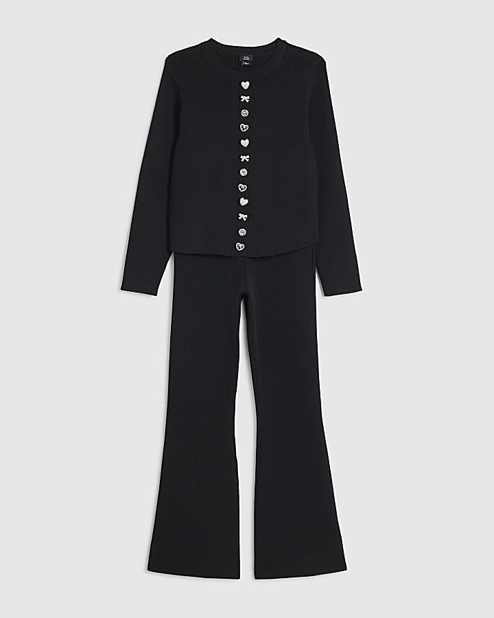Girls Black Multi Button Top And Leggings Set