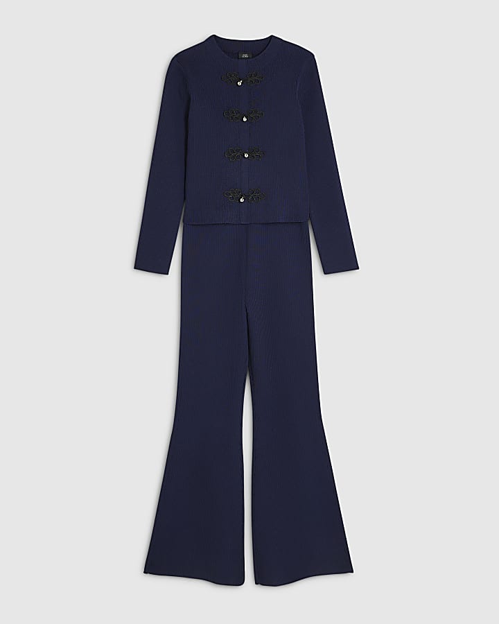 Girls Navy Knit Frogging Top Set