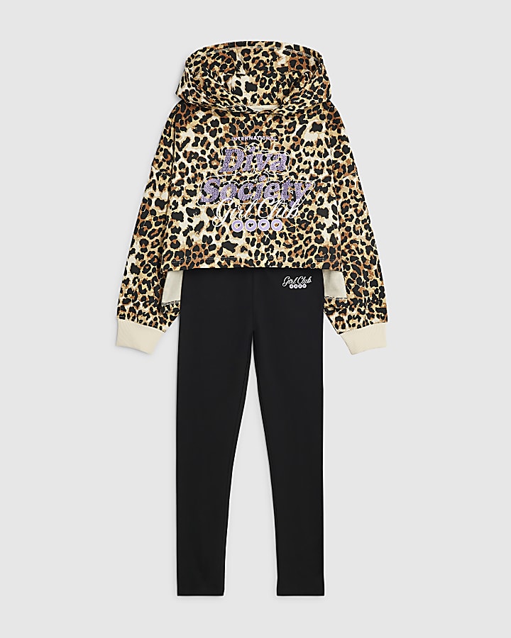 Girls Brown Leopard Print Diva Hoodie Set