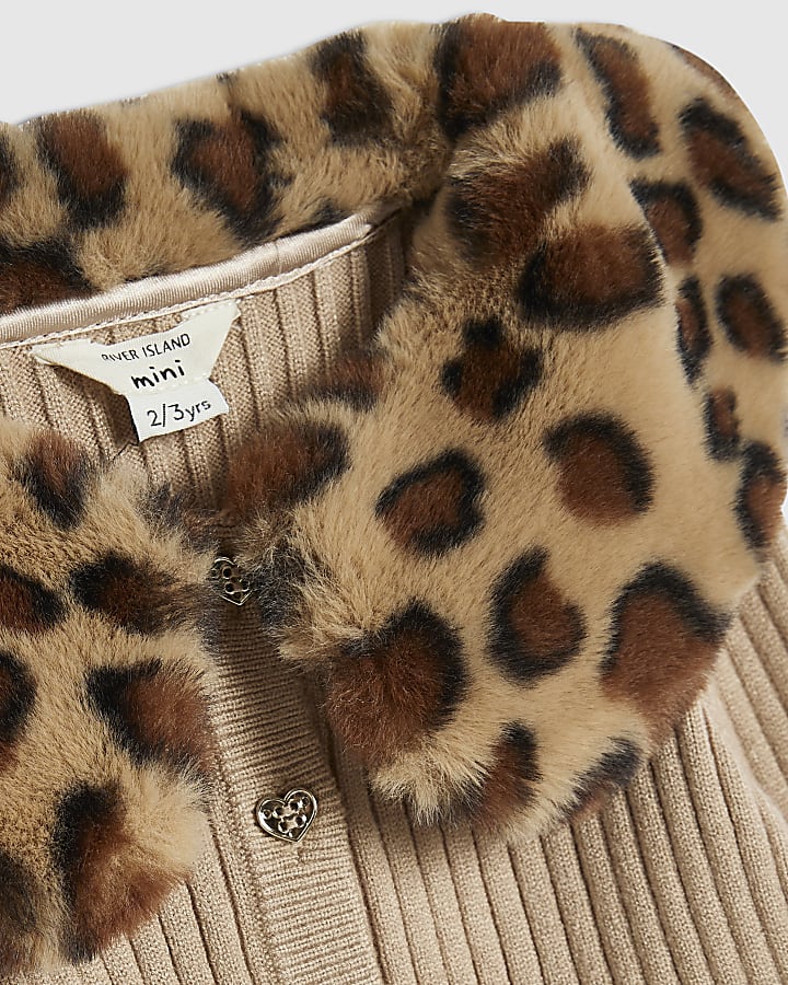 Mini Girls Beige Leopard Print Fur Collar Set