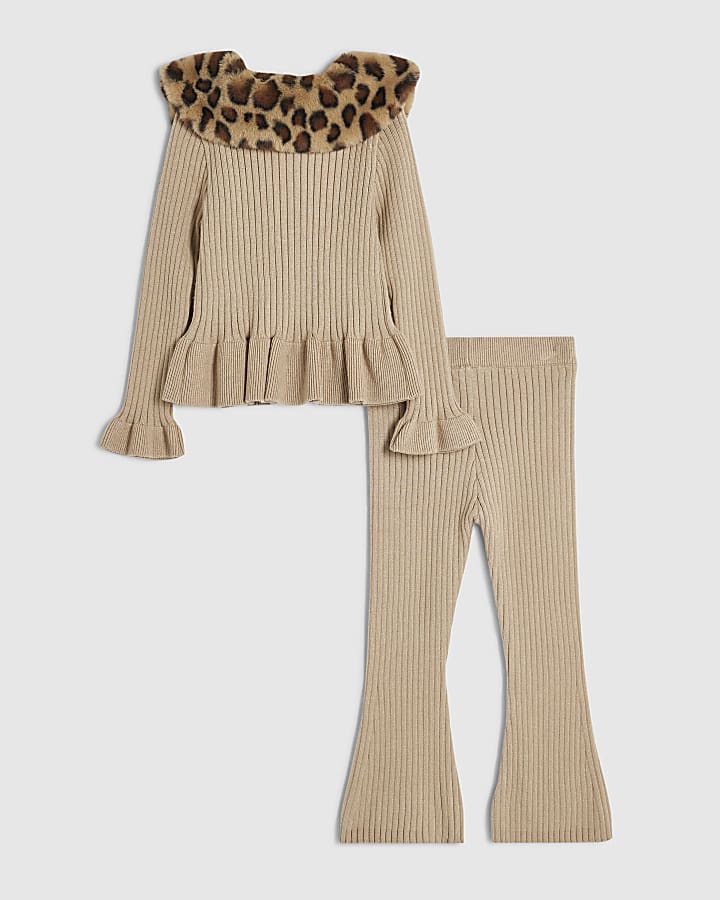 Mini Girls Beige Leopard Print Fur Collar Set