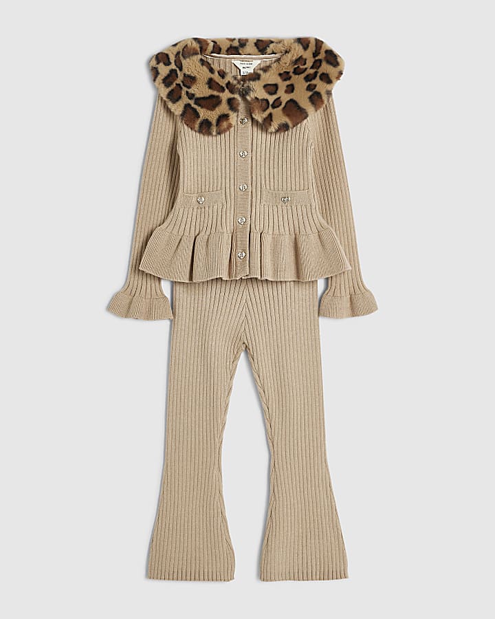Mini Girls Beige Leopard Print Fur Collar Set