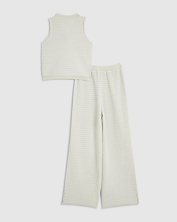 Girls Cream Ribbed Knit Vest And Trousers Set