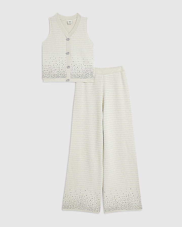 Girls Cream Ribbed Knit Vest And Trousers Set