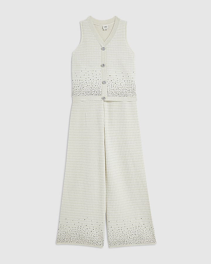 Girls Cream Ribbed Knit Vest And Trousers Set