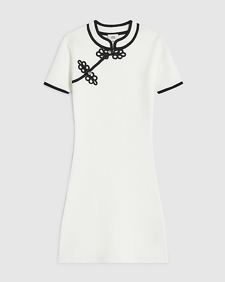 Girls Cream Ribbed Frogging Dress