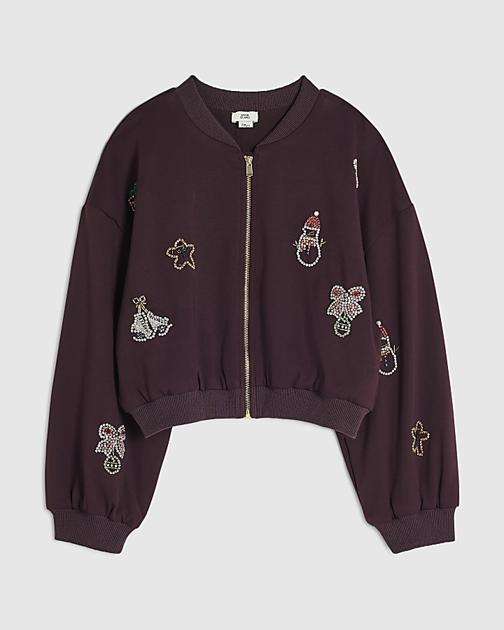 Girls Brown Embellished Christmas Sweatshirt