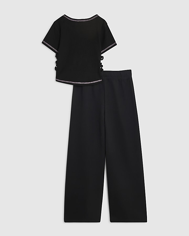 Girls Black Bow T-Shirt And Joggers Set