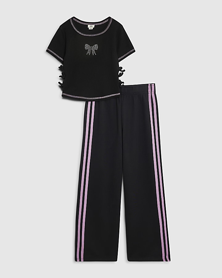 Girls Black Bow T-Shirt And Joggers Set