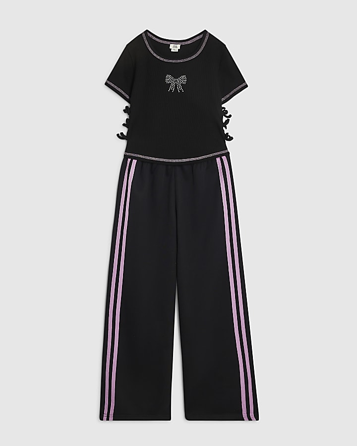 Girls Black Bow T-Shirt And Joggers Set
