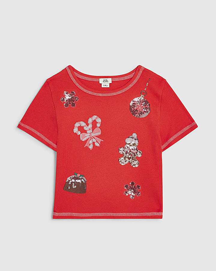 Girls Red Christmas Sequin T-Shirt