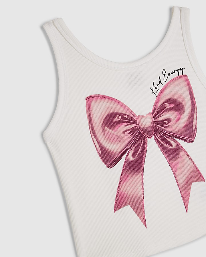 Girls White Pink Bow Tank Top