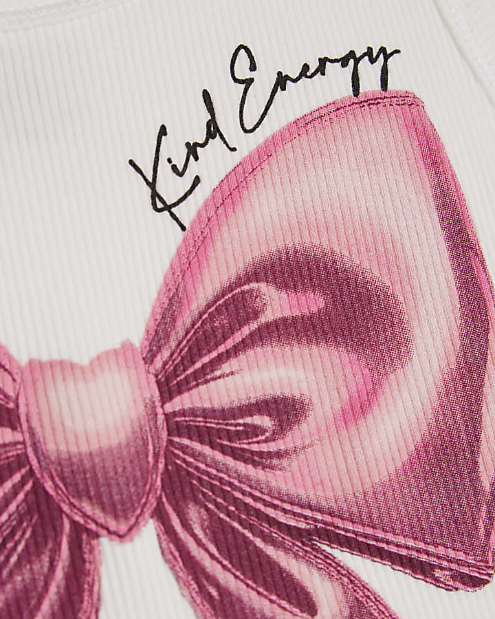 Girls White Pink Bow Tank Top
