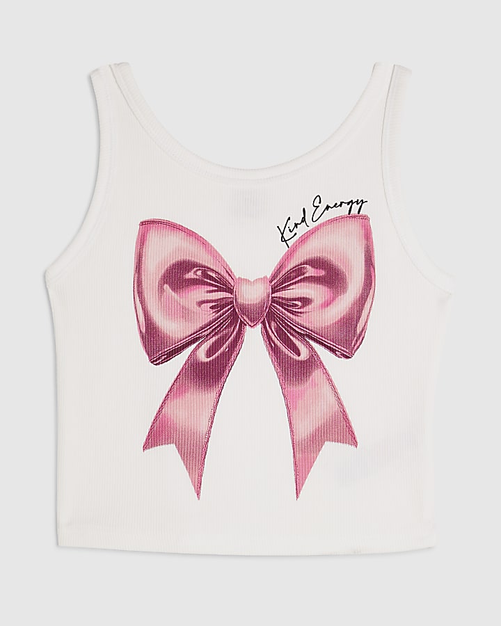 Girls White Pink Bow Tank Top