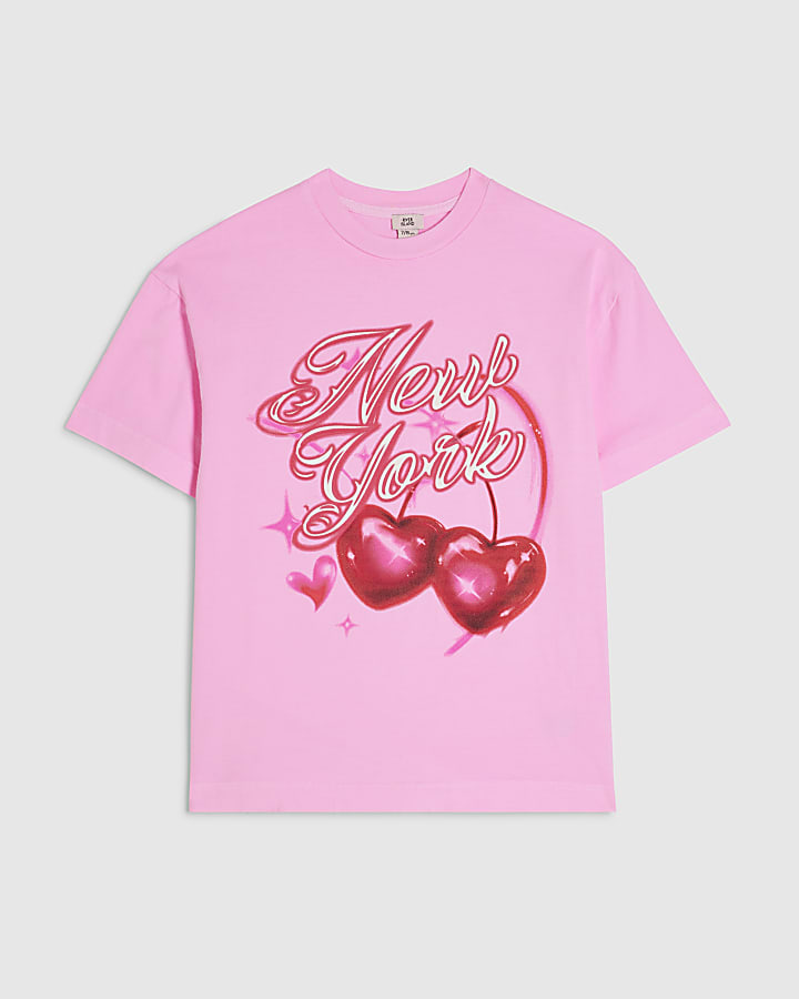 Girls Pink NY Cherry Airbrush Neon T-Shirt