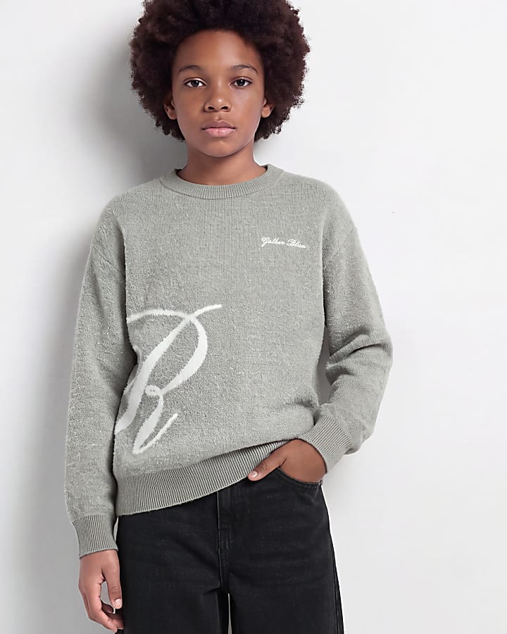 Boys Grey Knit Large R Jumper