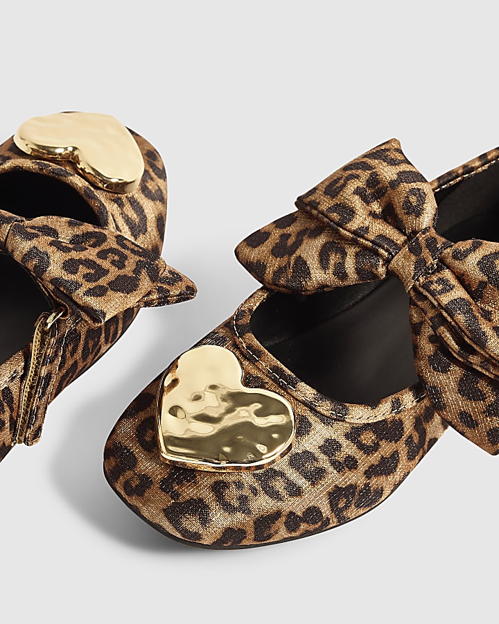Girls Brown Leopard Heart Ballet Flats