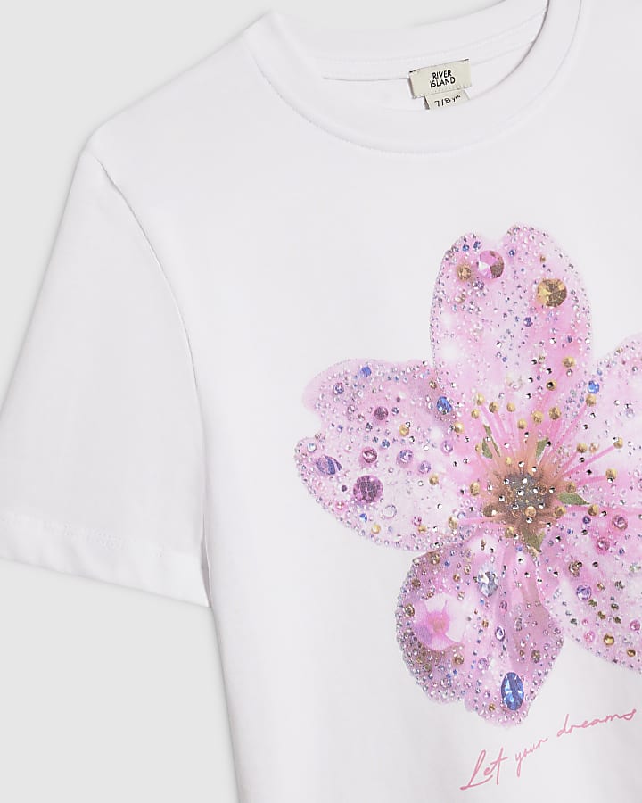 Girls White Embellished Flower Crop Top