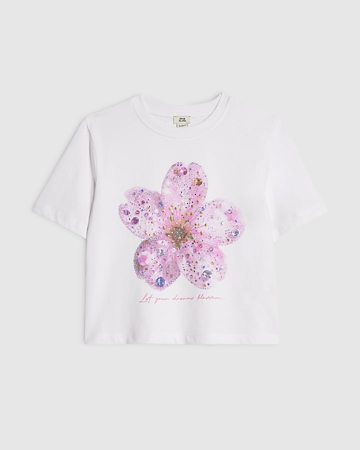 Girls White Embellished Flower Crop Top