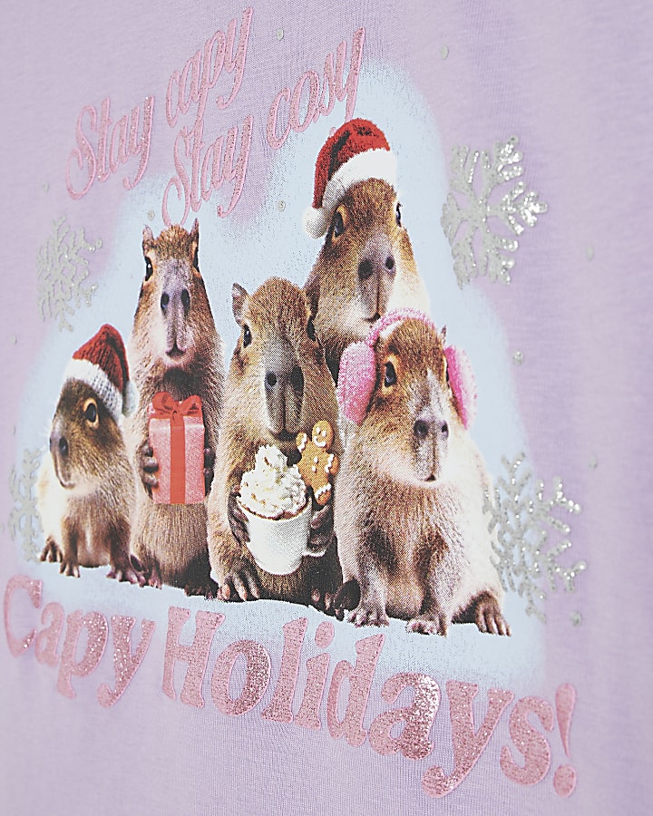 Girls Purple Capybara Holidays T-Shirt