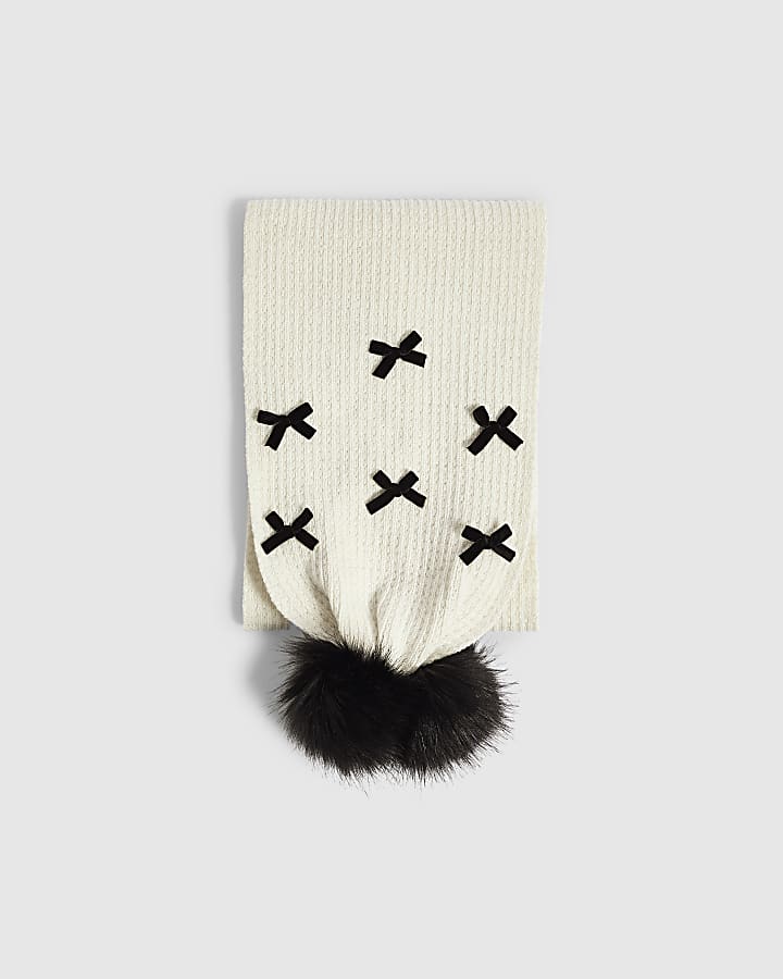 Girls Cream 3D Bow Knitted Scarf