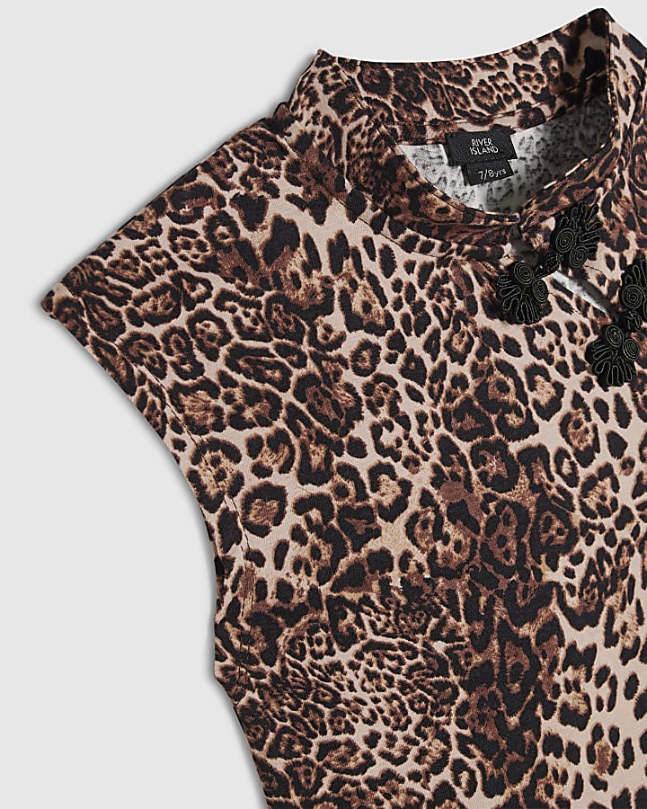 Girls Brown Leopard Frogging Detail Top