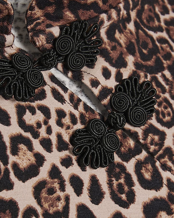 Girls Brown Leopard Frogging Detail Top
