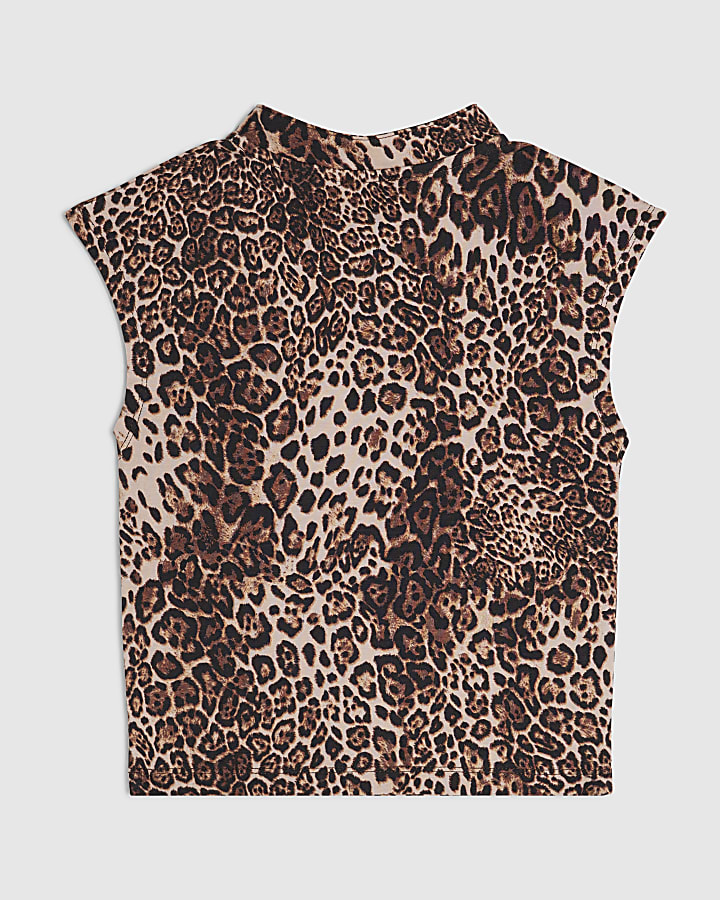 Girls Brown Leopard Frogging Detail Top