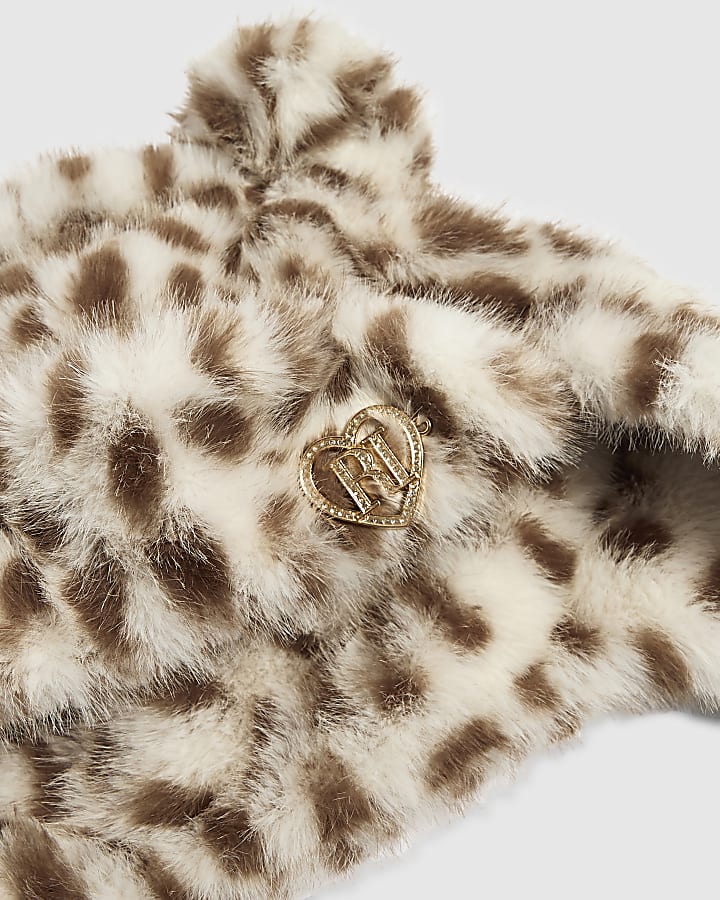 Mini Girls Cream Snow Leopard Fur Trapper Hat
