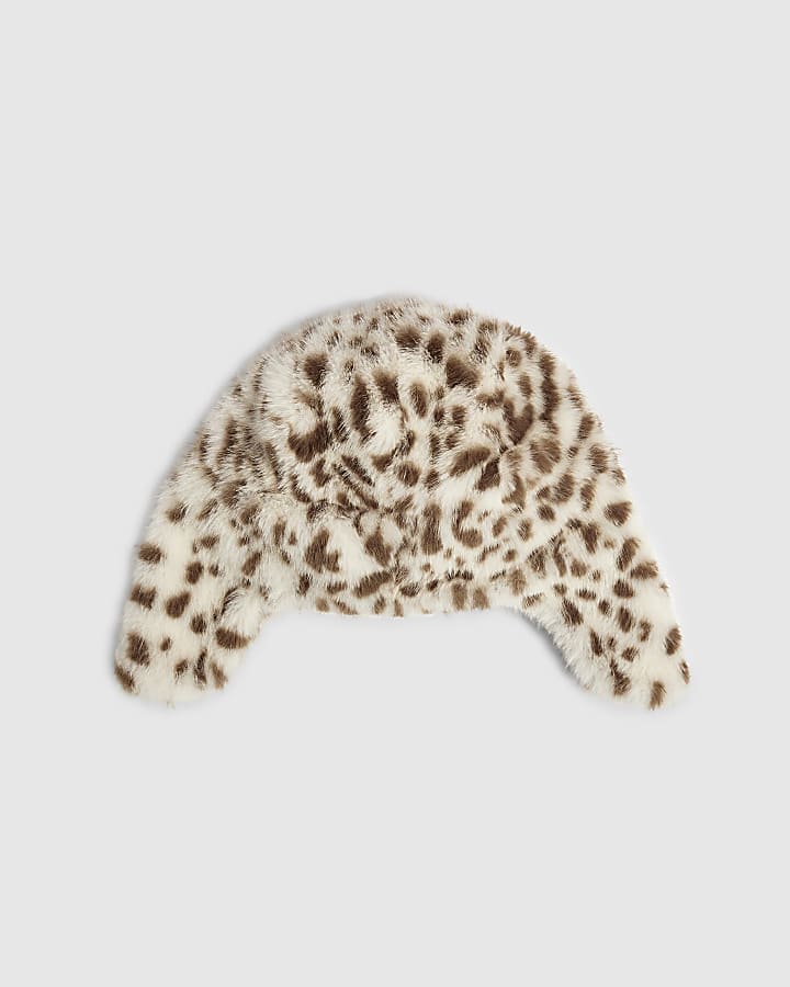Mini Girls Cream Snow Leopard Fur Trapper Hat