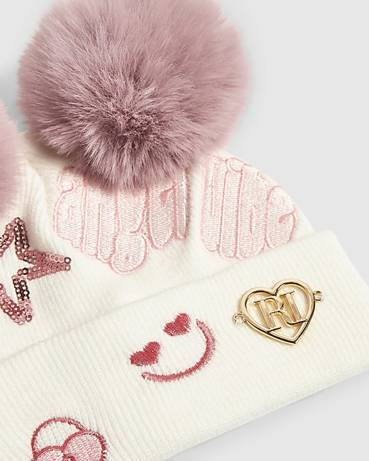 Mini Girls Cream Sequin Graffiti Beanie Hat