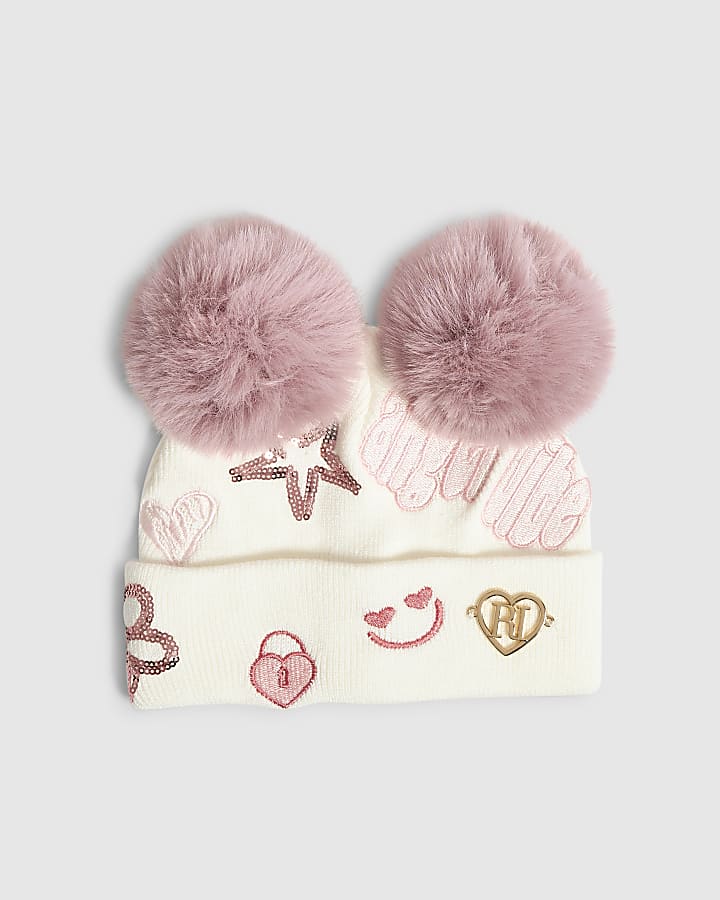 Mini Girls Cream Sequin Graffiti Beanie Hat