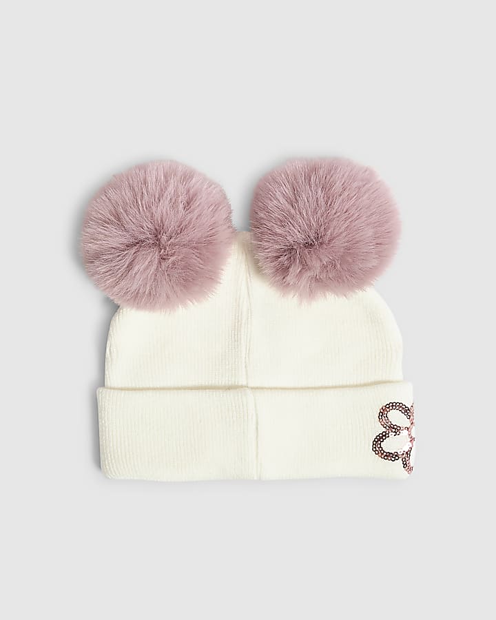 Mini Girls Cream Sequin Graffiti Beanie Hat