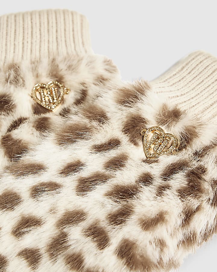 Girls Cream Snow Leopard Fur Mittens