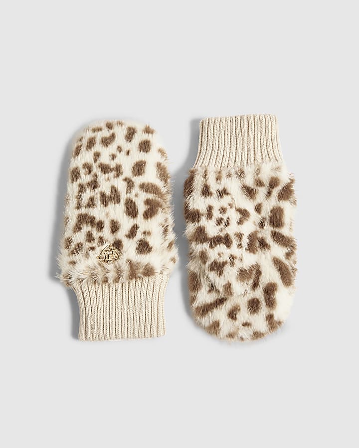 Girls Cream Snow Leopard Fur Mittens