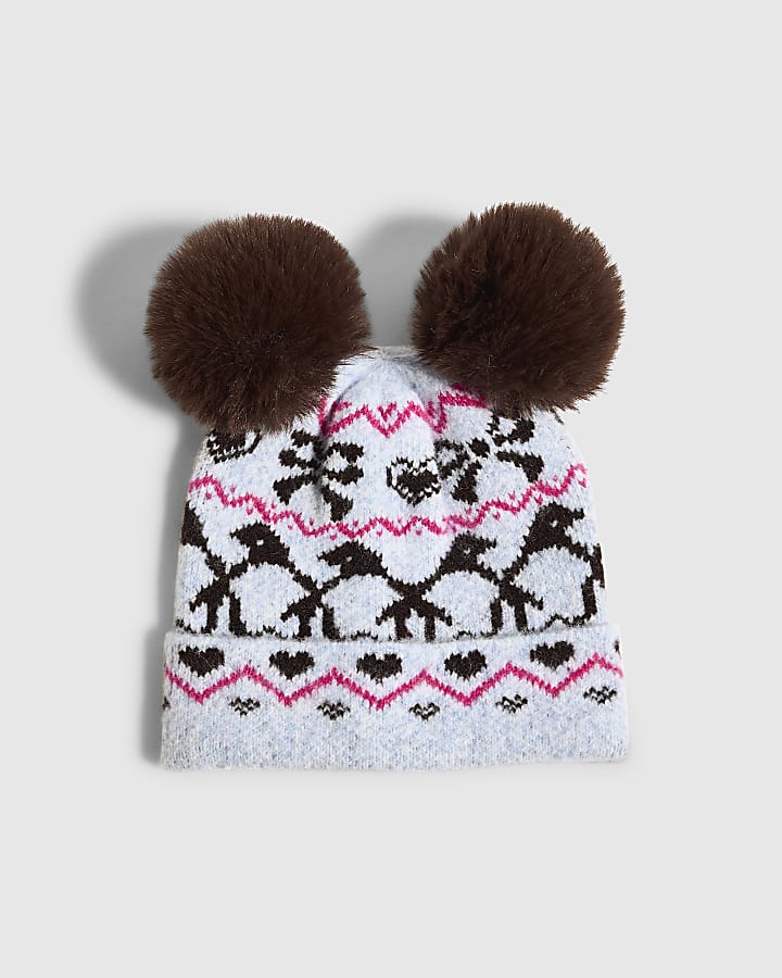 Girls Blue Ski Fairisle Beanie Hat