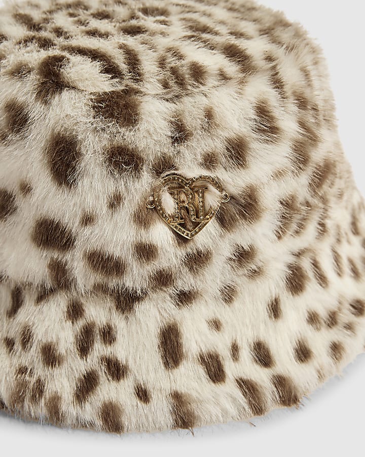 Girls Cream Snow Leopard Faux Fur Bucket Hat