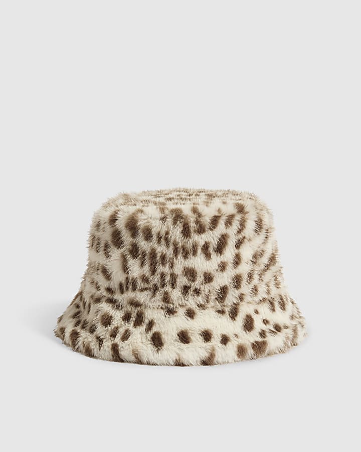 Girls Cream Snow Leopard Faux Fur Bucket Hat