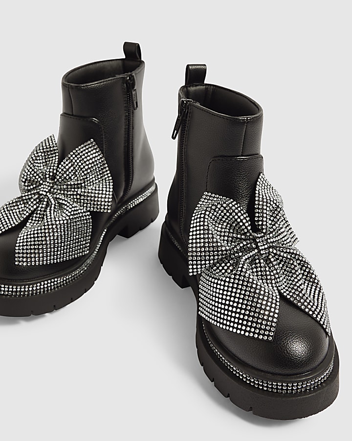 Girls Black Diamante Bow Ankle Boots