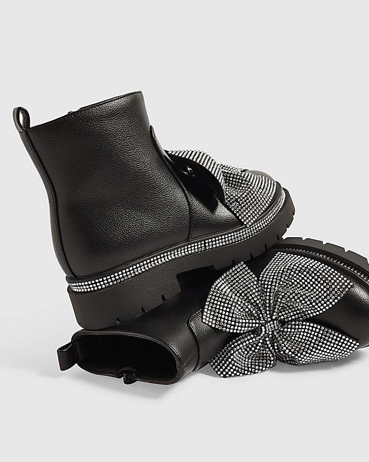 Girls Black Diamante Bow Ankle Boots