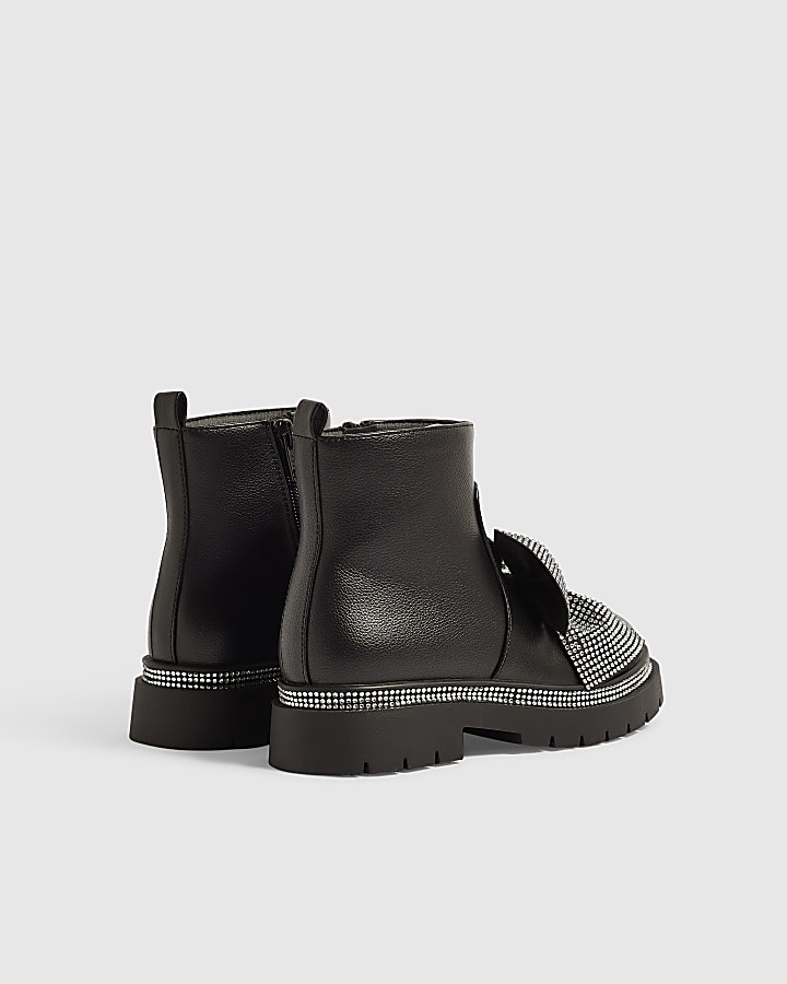 Girls Black Diamante Bow Ankle Boots