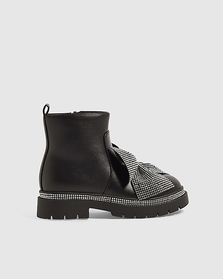 Girls Black Diamante Bow Ankle Boots