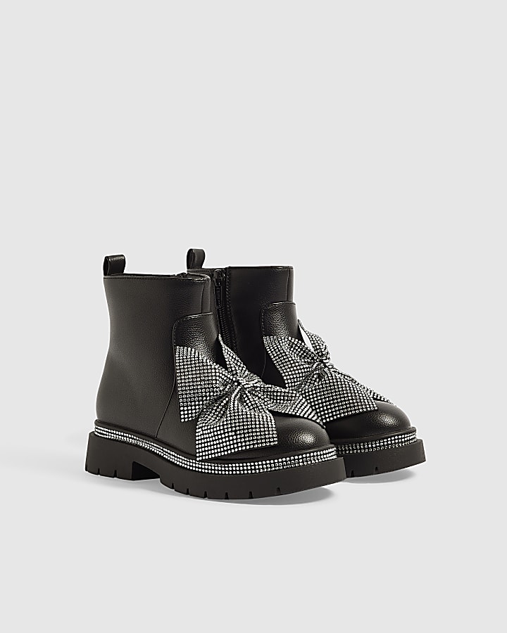 Girls Black Diamante Bow Ankle Boots
