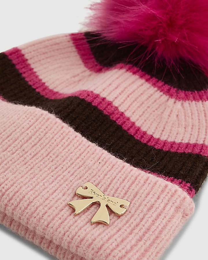 Girls Pink Stripe Beanie Hat