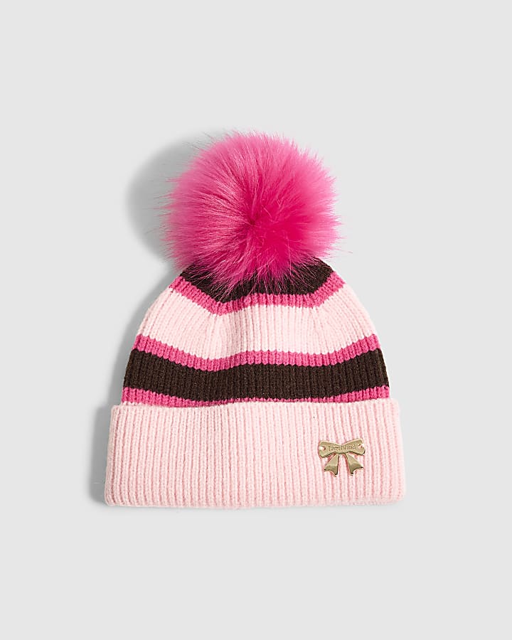 Girls Pink Stripe Beanie Hat