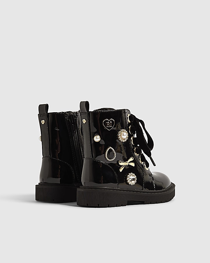 Mini Girls Black Jewel Trim Lace Up Boots