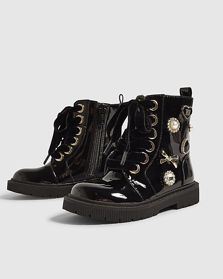 Mini Girls Black Jewel Trim Lace Up Boots
