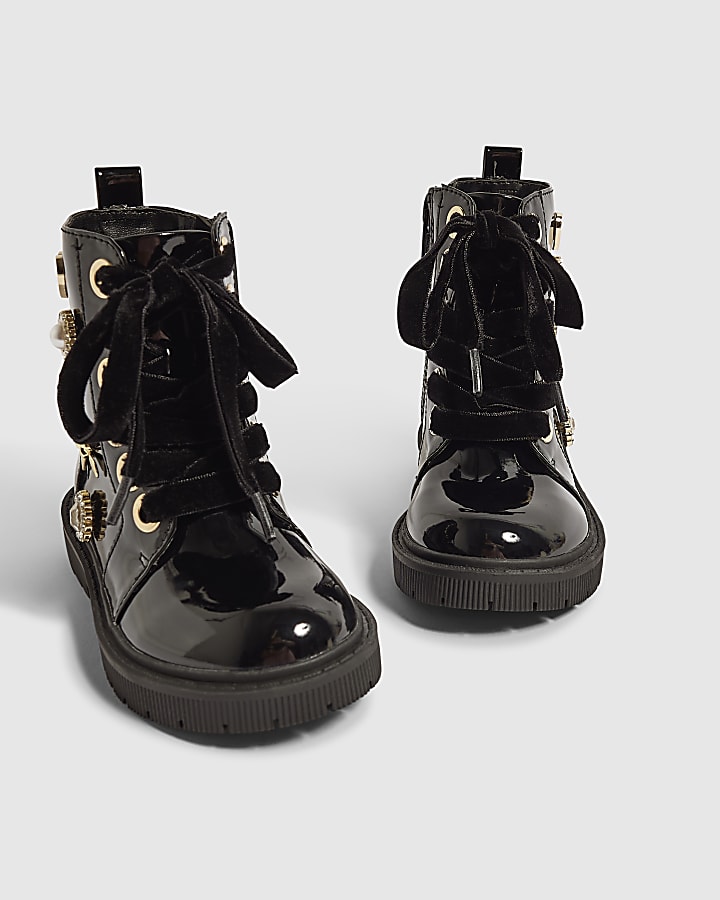 Mini Girls Black Jewel Trim Lace Up Boots